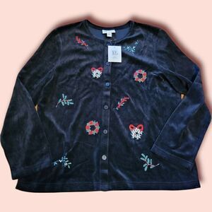 The Tog Shop Christmas Themed Velvet Embroidered Bows Wreaths & Berries Sweater